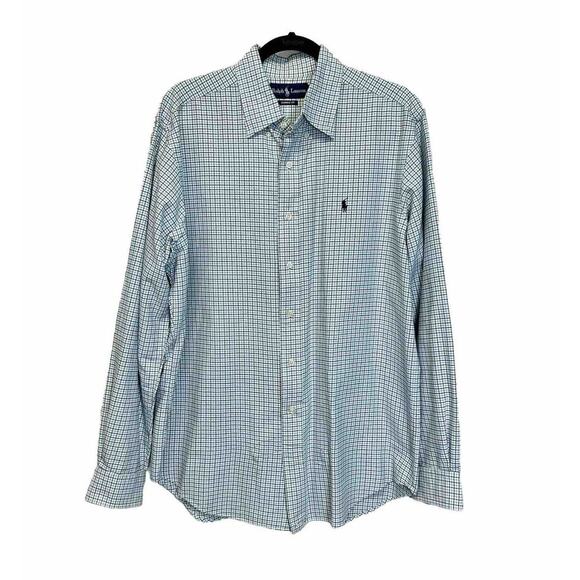 VINTAGE Polo Ralph Lauren Blue White Black Plaid Shirt‎ Size Large Classic Fit - Picture 1 of 7